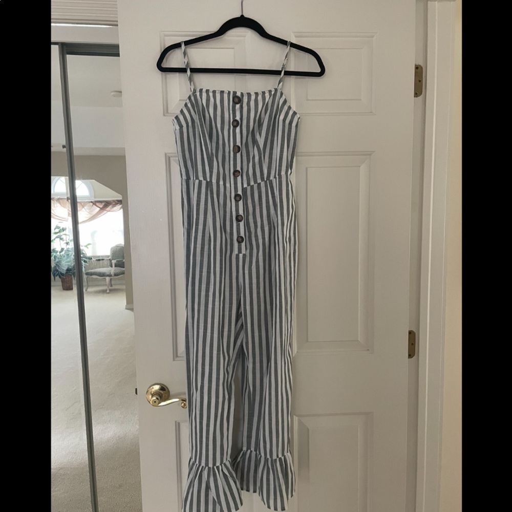 Shein White and Blue Striped Jumpsuit with Buttons